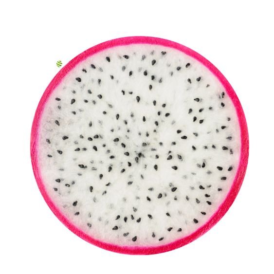 Aufgeschnittene weiße Pitahaya mit weißem Fruchtfleisch und schwarzen Kernen