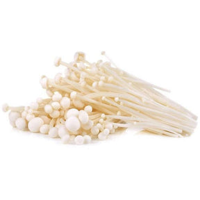 Frische Enoki Pilze mit langen weißen Stielen und kleinen Köpfen