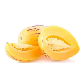 Pepino Melone mit cremegelber Schale und violetten Streifen